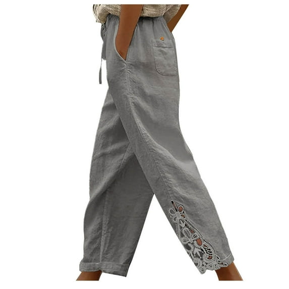 WREESH Womens Cotton Linen Pants Solid Fashion Lace Relaxed Bandage Pocket Button Waist Full Length Pants Gray