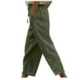 thumbnail image 1 of WREESH Womens Cotton Linen Pants Solid Fashion Lace Relaxed Bandage Pocket Button Waist Full Length Pants Green, 1 of 9