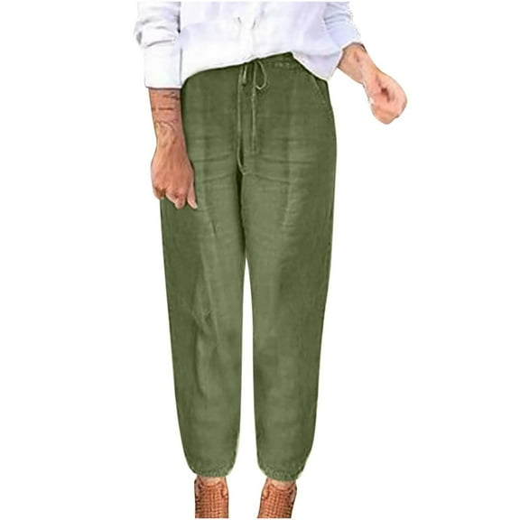 WREESH Womens Cotton Linen Pants Solid Pocket Corduroy Pants Olive Green