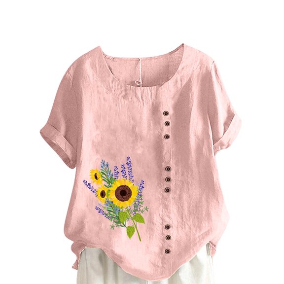 WREESH Womens Cotton Linen Shirts Loose Casual Regular Button Round Neck Print Short Sleeve Short Sleeves Top Pink