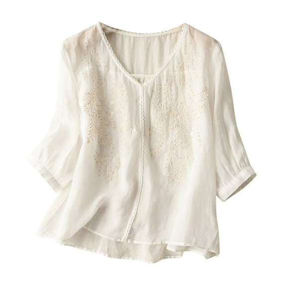 WREESH Womens Cotton Linen Shirts Loose Fashion Casual T-Shirt Short Sleeve V-Neck Shirt Tops Blouse White