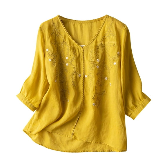 WREESH Womens Cotton Linen Shirts Loose Fashion Casual T-Shirt Short Sleeve V-Neck Shirt Tops Blouse Yellow