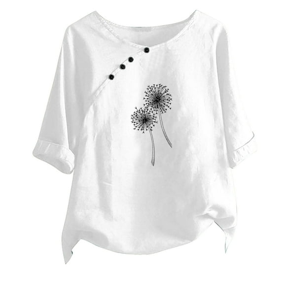 WREESH Womens Cotton Linen Shirts Loose Fashion Printed T-Shirt Short Sleeves Blouse Round Neck Casual Tops White