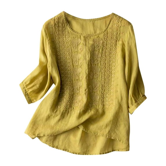 WREESH Womens Cotton Linen Shirts Loose Solid Fashion Casual T-Shirt Short Sleeve V-Neck Sweatshirt Tops Blouse Yellow