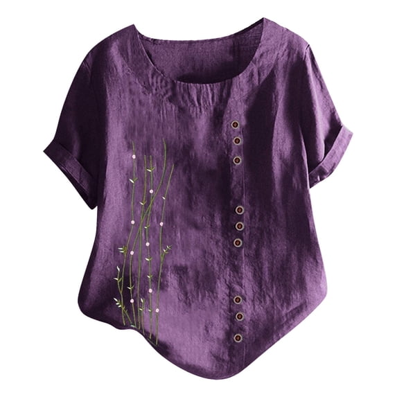 WREESH Womens Cotton Linen Shirts Short Sleeve Casual Round Neck Printed Blouse Loose Button Tunic Shirt Tops Purple