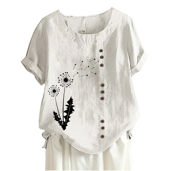 WREESH Womens Cotton Linen Shirts Summer Casual Crew Neck Short Sleeve Printing Loose Shirt Tops White