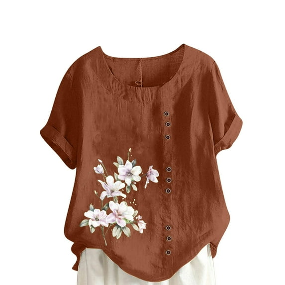 WREESH Womens Cotton Linen Shirts Summer Casual Round Neck Short Sleeve Flower Printing Loose Shirt Tops Coffee