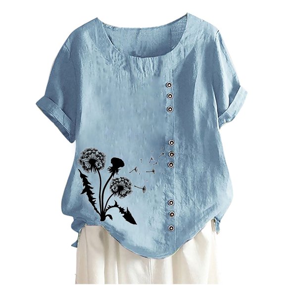 WREESH Womens Cotton Linen Shirts Summer Casual Round Neck Short Sleeve Printing Loose Shirt Tops Light Blue