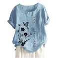 thumbnail image 1 of WREESH Womens Cotton Linen Shirts Summer Casual Short Sleeve Round Neck Print Loose Shirt Tops Light Blue, 1 of 4