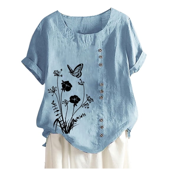 WREESH Womens Cotton Linen Shirts Summer Casual Short Sleeve Round Neck Print Loose Shirt Tops Light Blue