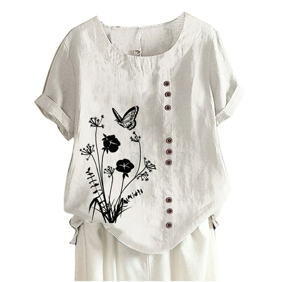 WREESH Womens Cotton Linen Shirts Summer Casual Short Sleeve Round Neck Print Loose Shirt Tops White