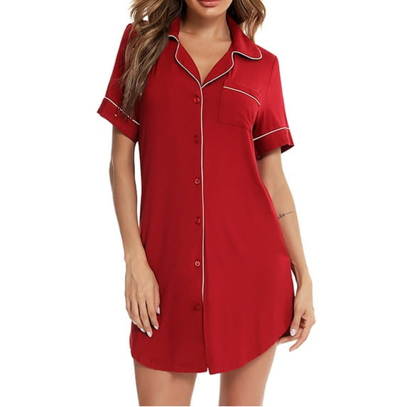 WREESH Womens Cotton Nightgowns Button Down Dress Summer Buckle Loose Casual Nightdress Shirt Collar Nightdress Wine