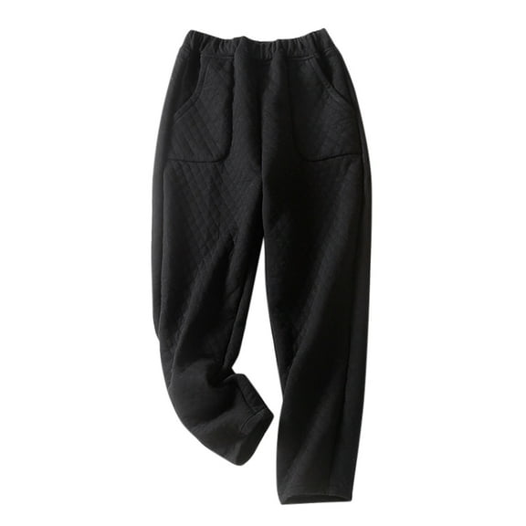 WREESH Womens Cotton Pants Fall Solid Color Casual Loose Pockets Elastic Waist Thicken Pants Black