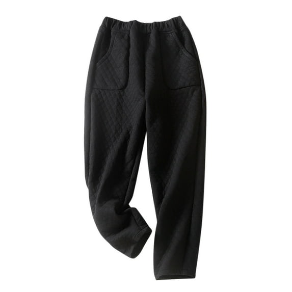 WREESH Womens Cotton Pants Fall Solid Color Casual Loose Pockets Elastic Waist Thicken Pants Black