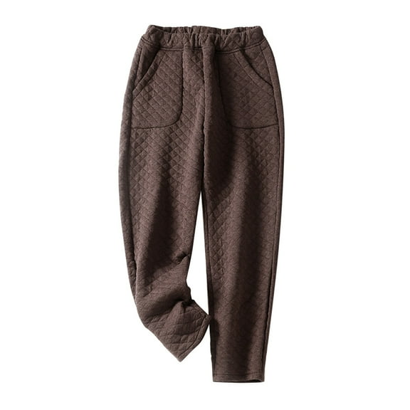 WREESH Womens Cotton Pants Fall Solid Color Casual Loose Pockets Elastic Waist Thicken Pants Brown