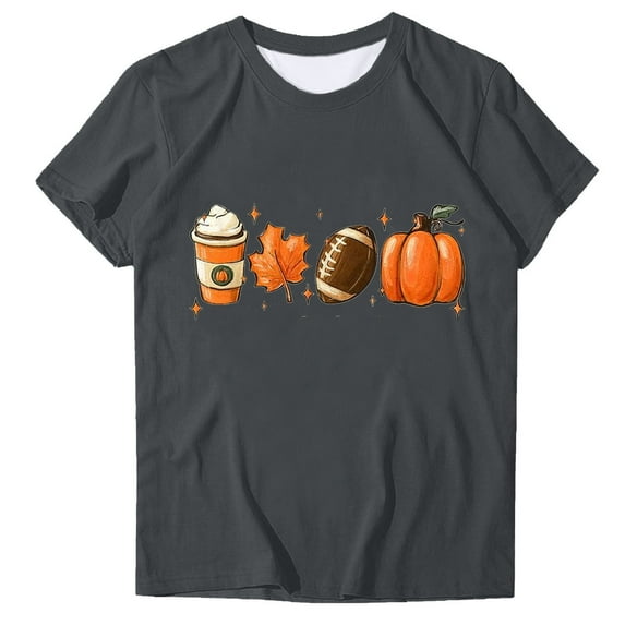 WREESH Womens Crew Neck Thanksgiving Tees Short Sleeve Graphic T-Shirts with Pumpkin Print for Fall Gift Tops 2025 Gray