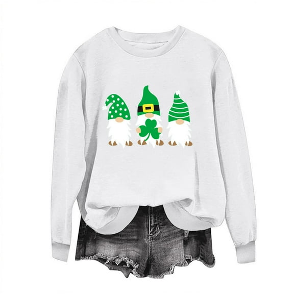 WREESH Womens Crewneck Sweatshirts St. Patrick's Day Sweatshirts Shamrocks Gnomies Printed Graphic Sweatshirts Loose Fit Long Sleeved Tops Pullover Sweatshirts White
