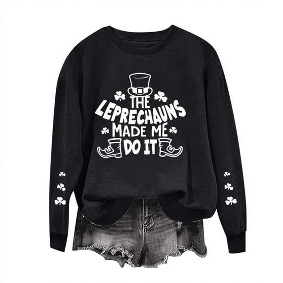 WREESH Womens Crewneck Sweatshirts St. Patrick's Day Sweatshirts Shamrocks Printed Graphic Sweatshirts Loose Fit Long Sleeved Tops Pullover Sweatshirts Black