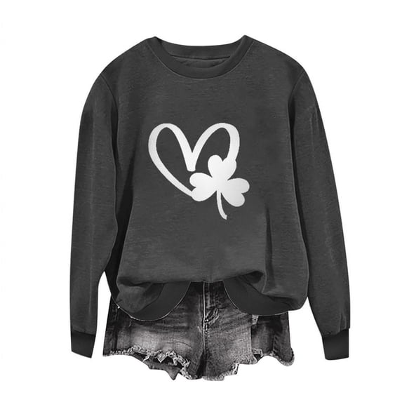 WREESH Womens Crewneck Sweatshirts St. Patrick's Day Sweatshirts Shamrocks Printed Graphic Sweatshirts Loose Fit Long Sleeved Tops Pullover Sweatshirts Dark Gray