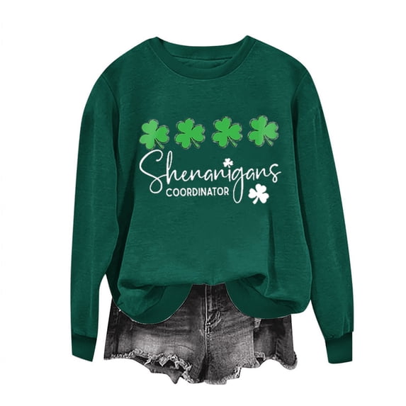 WREESH Womens Crewneck Sweatshirts St. Patrick's Day Sweatshirts Shamrocks Printed Graphic Sweatshirts Loose Fit Long Sleeved Tops Pullover Sweatshirts Green