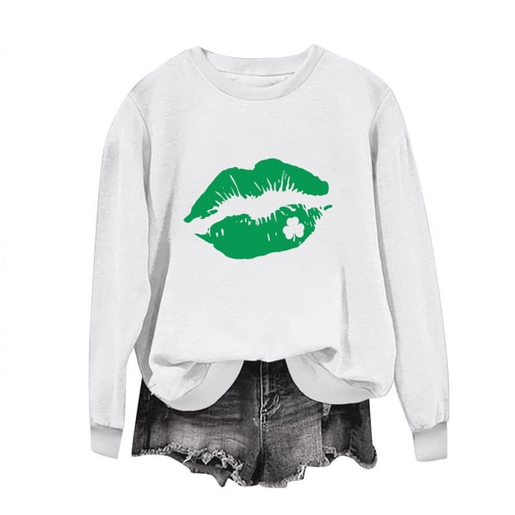 WREESH Womens Crewneck Sweatshirts St. Patrick's Day Sweatshirts Shamrocks Printed Graphic Sweatshirts Loose Fit Long Sleeved Tops Pullover Sweatshirts White