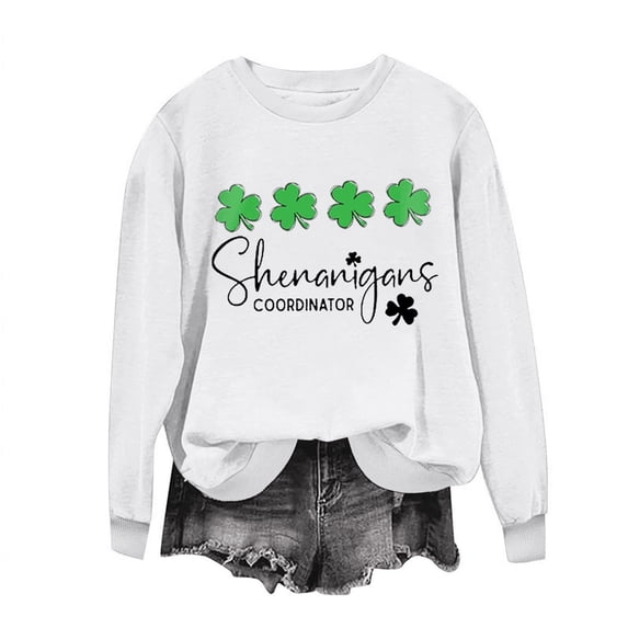 WREESH Womens Crewneck Sweatshirts St. Patrick's Day Sweatshirts Shamrocks Printed Graphic Sweatshirts Loose Fit Long Sleeved Tops Pullover Sweatshirts White
