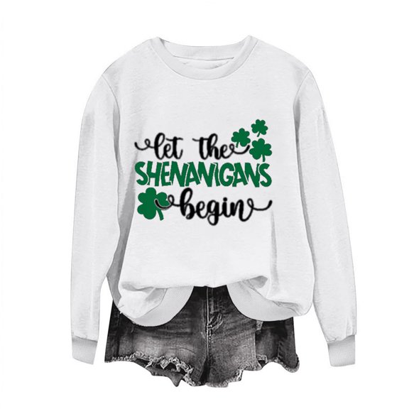 WREESH Womens Crewneck Sweatshirts St. Patrick's Day Sweatshirts Shamrocks Printed Graphic Sweatshirts Loose Fit Long Sleeved Tops Pullover Sweatshirts White