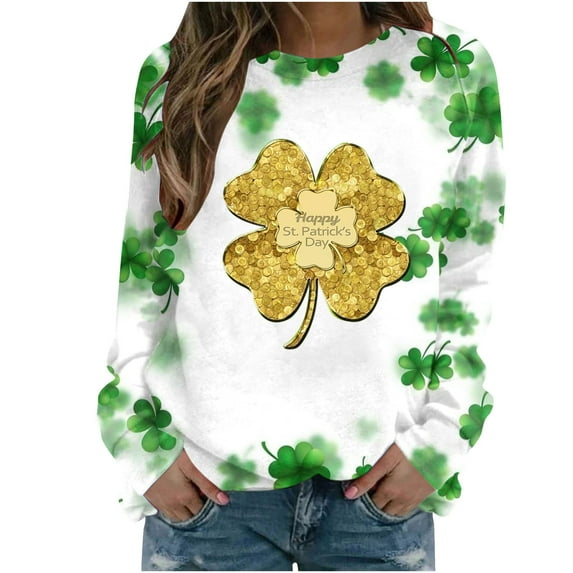 WREESH Womens Crewneck Sweatshirts St. Patrick's Day Shirt Fashion Shamrocks Printed Graphic Sweatshirts Long Sleeves Blouses Casual Loose Pullover Tops Green