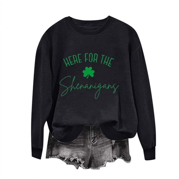WREESH Womens Crewneck Sweatshirts St. Patrick's Day Sweatshirts Shamrocks Printed Graphic Sweatshirts Loose Fit Long Sleeved Tops Pullover Sweatshirts Black