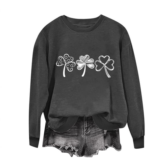 WREESH Womens Crewneck Sweatshirts St. Patrick's Day Sweatshirts Shamrocks Printed Graphic Sweatshirts Loose Fit Long Sleeved Tops Pullover Sweatshirts Dark Gray