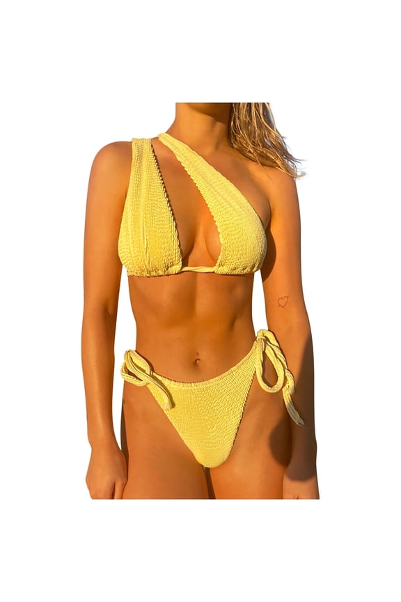 Womens Crochet Bikini Sets High Cut Bikini Split Bikini Two-Piece Print Beach Swimsuit Beachwear Bathing Suits Yellow