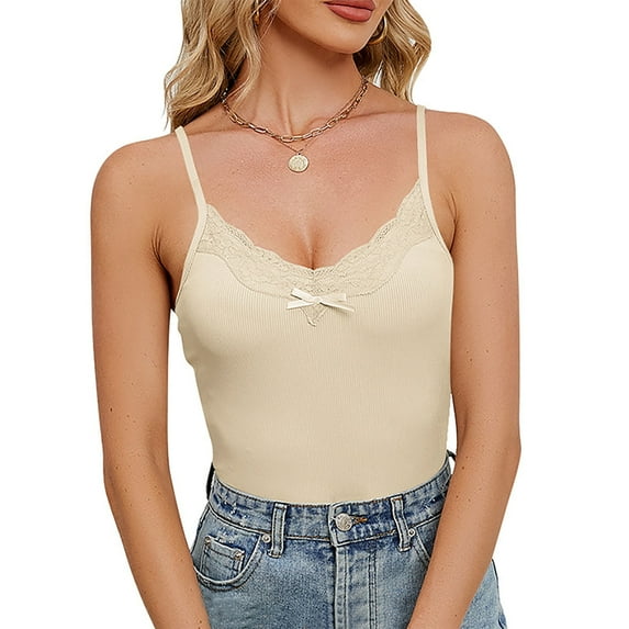 WREESH Womens Crop Camisole Tops Fashion Solid Color Lace V-Neck Cami Blouse Tank Tops Beige