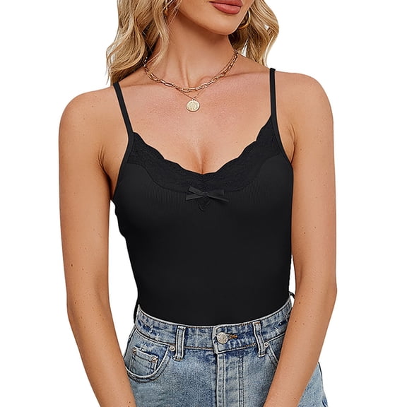 WREESH Womens Crop Camisole Tops Fashion Solid Color Lace V-Neck Cami Blouse Tank Tops Black