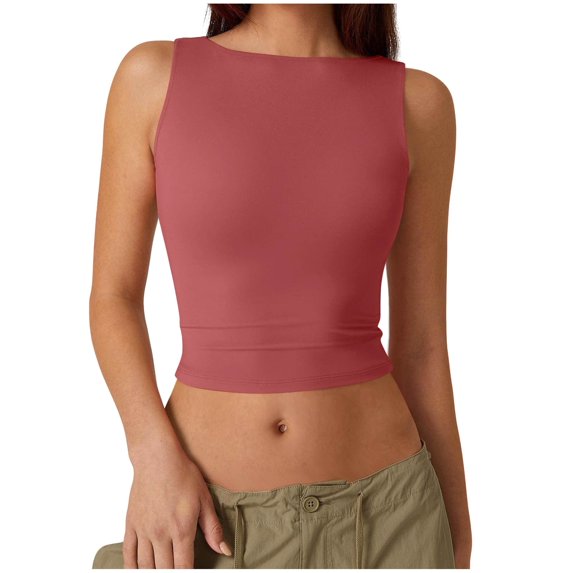 WREESH Womens Crop Tops Fashionable Solid Open Back Round-Neck Tank Top Sleeveless Casual Blouses Watermelon Red