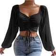 thumbnail image 1 of WREESH Womens Crop Tops Long Sleeve Mesh Solid Color Drawstring V-Neck Cropped Top Blouse Black, 1 of 10