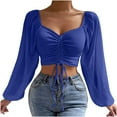 thumbnail image 1 of WREESH Womens Crop Tops Long Sleeve Mesh Solid Color Drawstring V-Neck Cropped Top Blouse Blue, 1 of 10