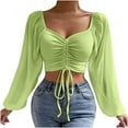 thumbnail image 1 of WREESH Womens Crop Tops Long Sleeve Mesh Solid Color Drawstring V-Neck Cropped Top Blouse Green, 1 of 10