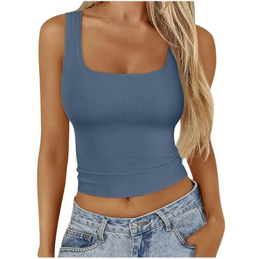 WREESH Womens Crop Tops Spring/Summer Leisure Fashion Solid Color Round Neck Sleeveless Back Blue