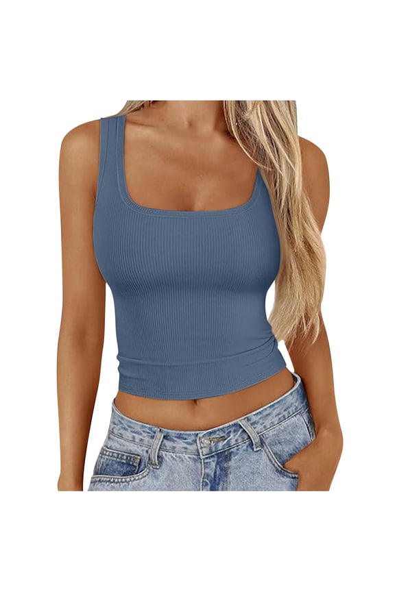 Womens Crop Tops Spring/Summer Leisure Fashion Solid Color Round Neck Sleeveless Back Blue