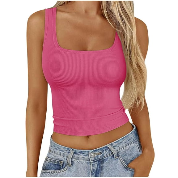 WREESH Womens Crop Tops Spring/Summer Leisure Fashion Solid Color Round Neck Sleeveless Back Hot Pink