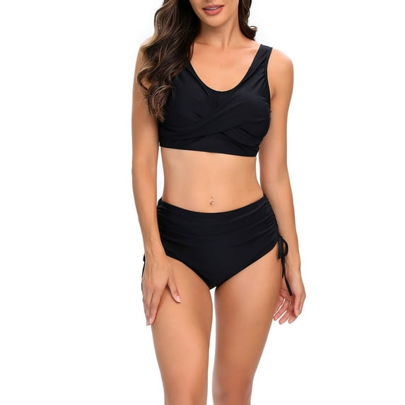 WREESH Womens Cross Bathing Suit High Waisted Bikini Solid Color Swimwear Two-Piece Slim Swimsuit Bikini Straped Swimsuits Black