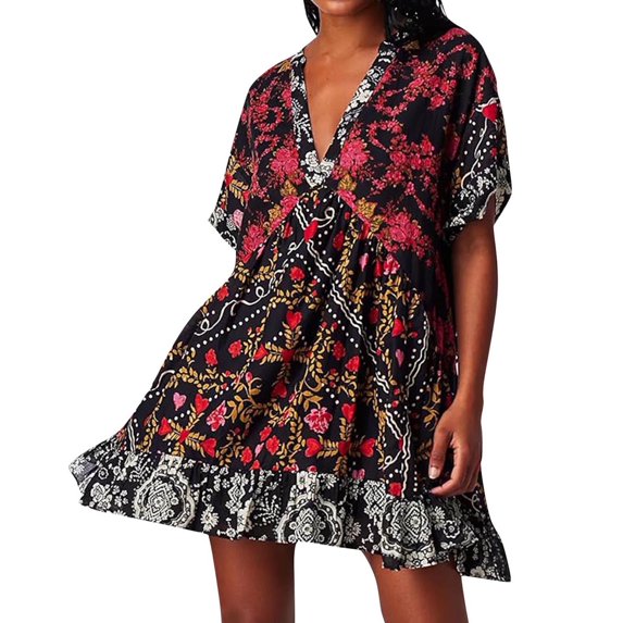 WREESH Womens Dress Fashion Casual Comfort Boho Printing Pocket Short Sleeve V-Neck Dress Black