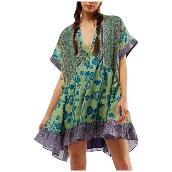 WREESH Womens Dress Fashion Casual Comfort Boho Printing Pocket Short Sleeve V-Neck Dress Green