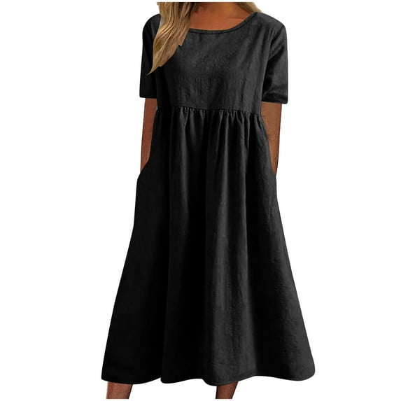 WREESH Womens Dress Fashion Casual Comfort Solid Color Pocket Short Sleeve Round-Neck Dress Black