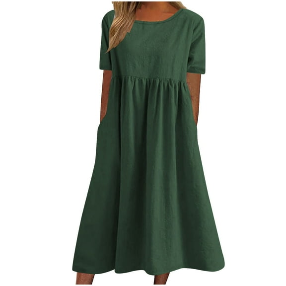 WREESH Womens Dress Fashion Casual Comfort Solid Color Pocket Short Sleeve Round-Neck Dress Green