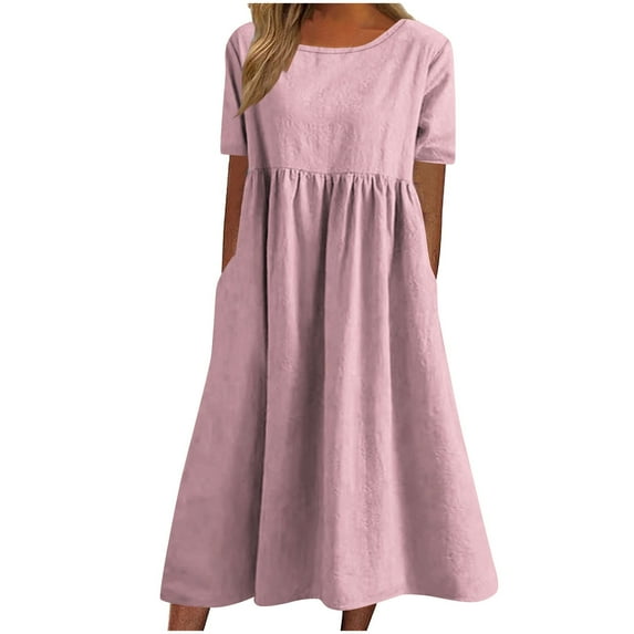 WREESH Womens Dress Fashion Casual Comfort Solid Color Pocket Short Sleeve Round-Neck Dress Pink