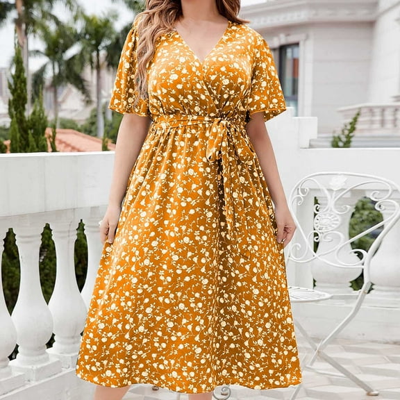 WREESH Womens Dress Oversize Summer Casual Short Sleeve V Neck Printed Sleeve Dresses Loose Dress Yellow