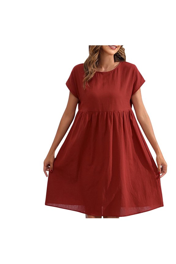 Womens Dress Summer Cotton and Linen Casual Mid Length Solid Colorshortsleeve Round Neck Dress Red