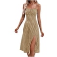 thumbnail image 1 of WREESH Womens Dress Summer Fashion Hanging Strap Split Printed Round Neck Dress Khaki, 1 of 10
