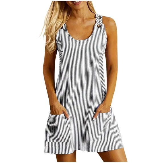 WREESH Womens Dress Summer Round Neck Pocket Stripe Backstraps Button Dress Black